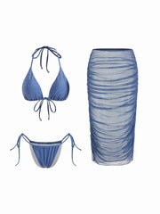Halter Neckline Glitter Triangle Top & Ruched Tie Side Bottoms With Sheer Skirt 3 Piece Bikini Set