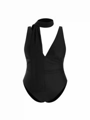 V-neck Ruched High Stretch One-piece Swimsuit With Sheer Scarf Curve & Plus