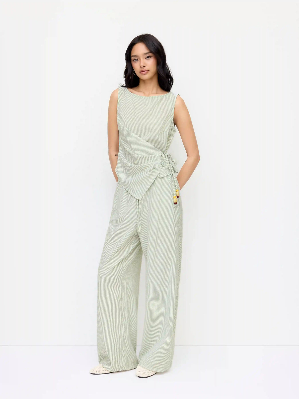 Cotton-blend Boat Neck Wrap Top & Mid Rise Wide Leg Trousers Set