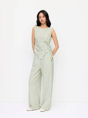 Cotton-blend Boat Neck Wrap Top & Mid Rise Wide Leg Trousers Set