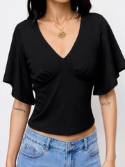 V-neck Ruched Short Bell Sleeve Top