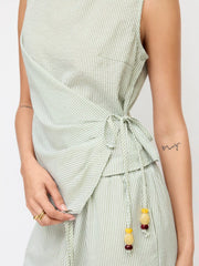 Cotton-blend Boat Neck Wrap Top & Mid Rise Wide Leg Trousers Set
