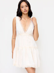 V-neck Lace Panel High Rise Flared Mini Dress