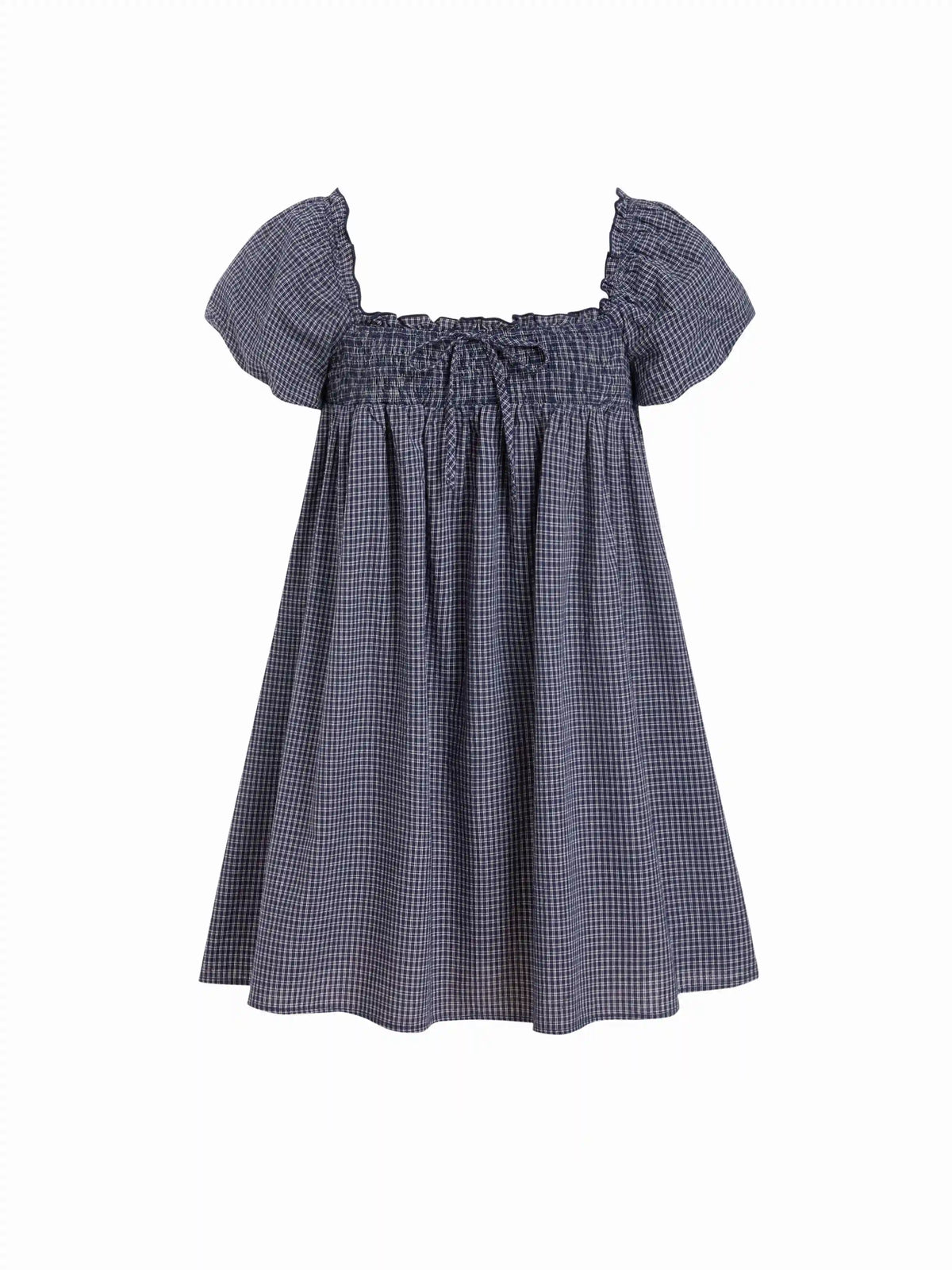 Cotton-blend Gingham Shirred High Rise Mini Dress
