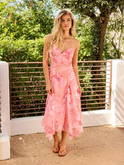 Chiffon Floral Sweetheart Asymmetrical Hem A-line Maxi Dress