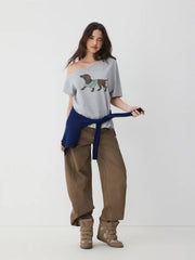 Cotton-blend Dachshund Graphic Asymmetrical Neck Oversized Tee