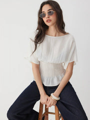 Linen-blend Boat Neck Ruched Batwing Sleeve Blouse