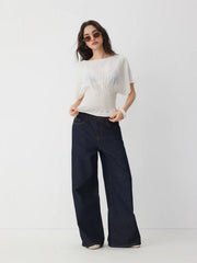 Linen-blend Boat Neck Ruched Batwing Sleeve Blouse