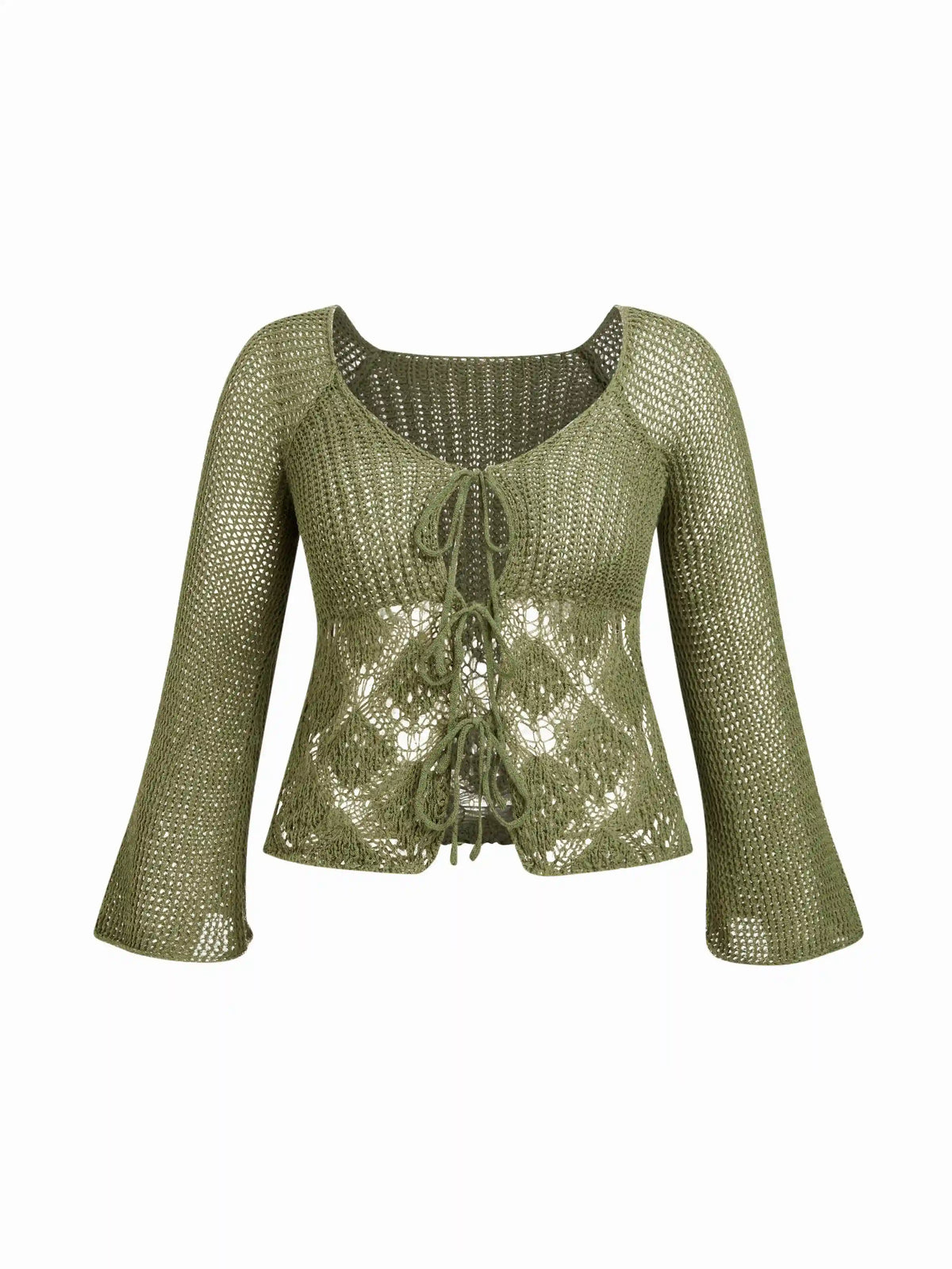 Knit V-neck Bell Sleeve Hollow Out Knotted See-through Top Curve & Plus