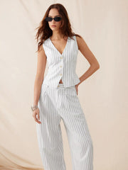 Linen-blend V-neck Striped Sleeveless Top & Mid Rise Tapered Trousers Set