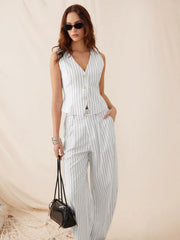 Linen-blend V-neck Striped Sleeveless Top & Mid Rise Tapered Trousers Set