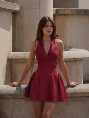 Halter Neck Pleated A-line Mini Dress