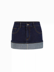 Denim Low Rise Washed Rolled Hem Metal Detail Pencil Mini Skirt