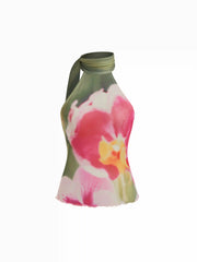 Mesh Halter Neckline Floral Top With Scarf