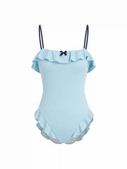 Texture Square Neck Ruffled Trim Bowknot One Piece Swimsuit