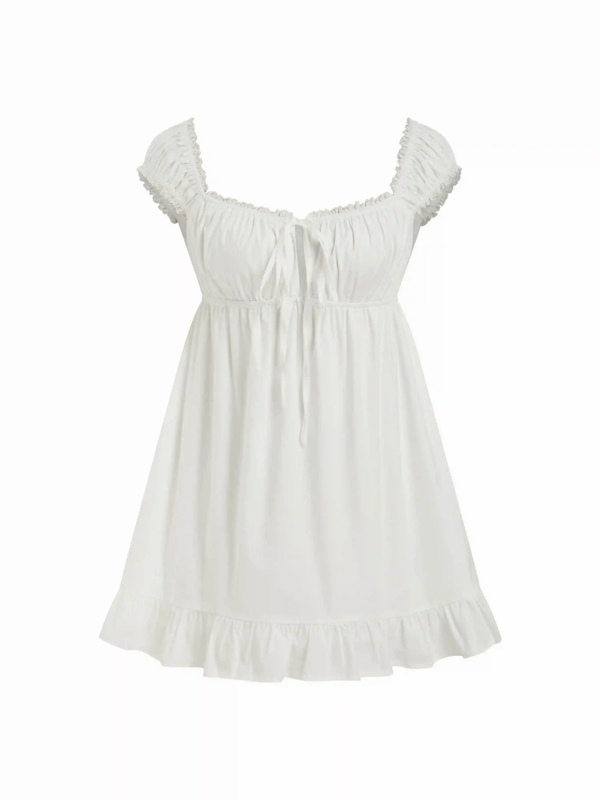 Cotton-blend Square Neck Puff Sleeve Drawstring Ruffle Hem Oversized Babydoll Mini Dress