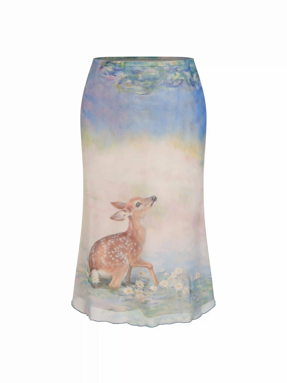 Mesh Oil Painting Mid Rise Lettuce Trim Mermaid Maxi Skirt Curve & Plus