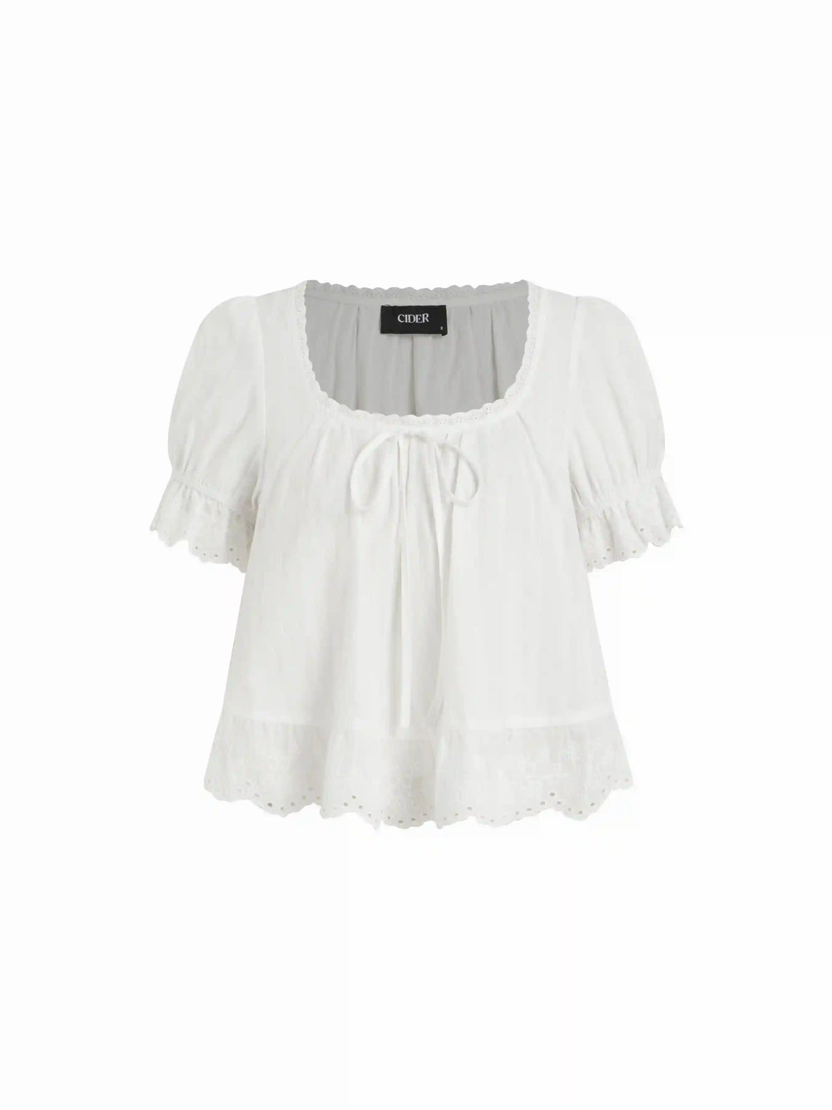 Cotton Lace Trim Knotted Short Puff Sleeve Blouse