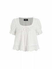 Cotton Lace Trim Knotted Short Puff Sleeve Blouse