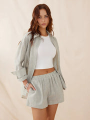 Linen-blend Collar Stripe Button Shirts & Mid Rise Shorts Set