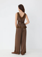 Satin V-Neck Lace Trim Wrap Top & Mid Rise Wide Leg Trousers Set
