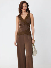 Satin V-Neck Lace Trim Wrap Top & Mid Rise Wide Leg Trousers Set