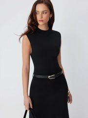Knit Stand Collar Belted Midi Dress