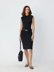 Knit Stand Collar Belted Midi Dress