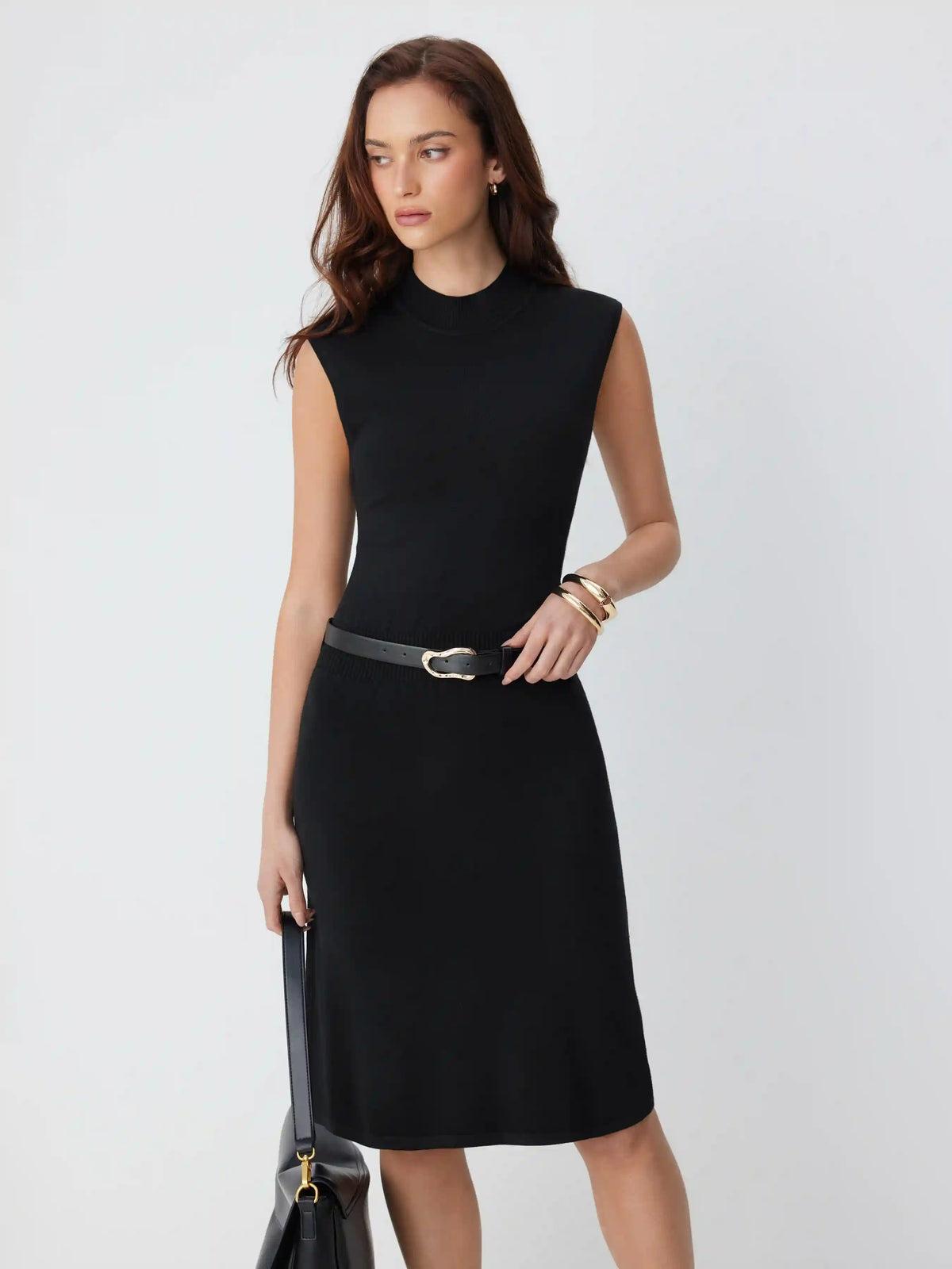 Knit Stand Collar Belted Midi Dress