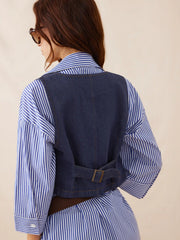 Washed Denim V-Neck Oversized Metal Button Crop Vest