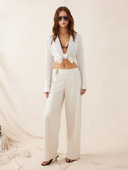 Linen-blend Low Rise Pleated Wide Leg Trousers