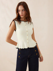 Knit Boat Neck Colorblock Ruffled Hem Metal Button Vest
