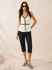 Knit V-Neck Ruffle Hem Metal Detail Top
