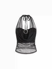 Textured Mesh Cowl Neck Metal Detail Ruched Top