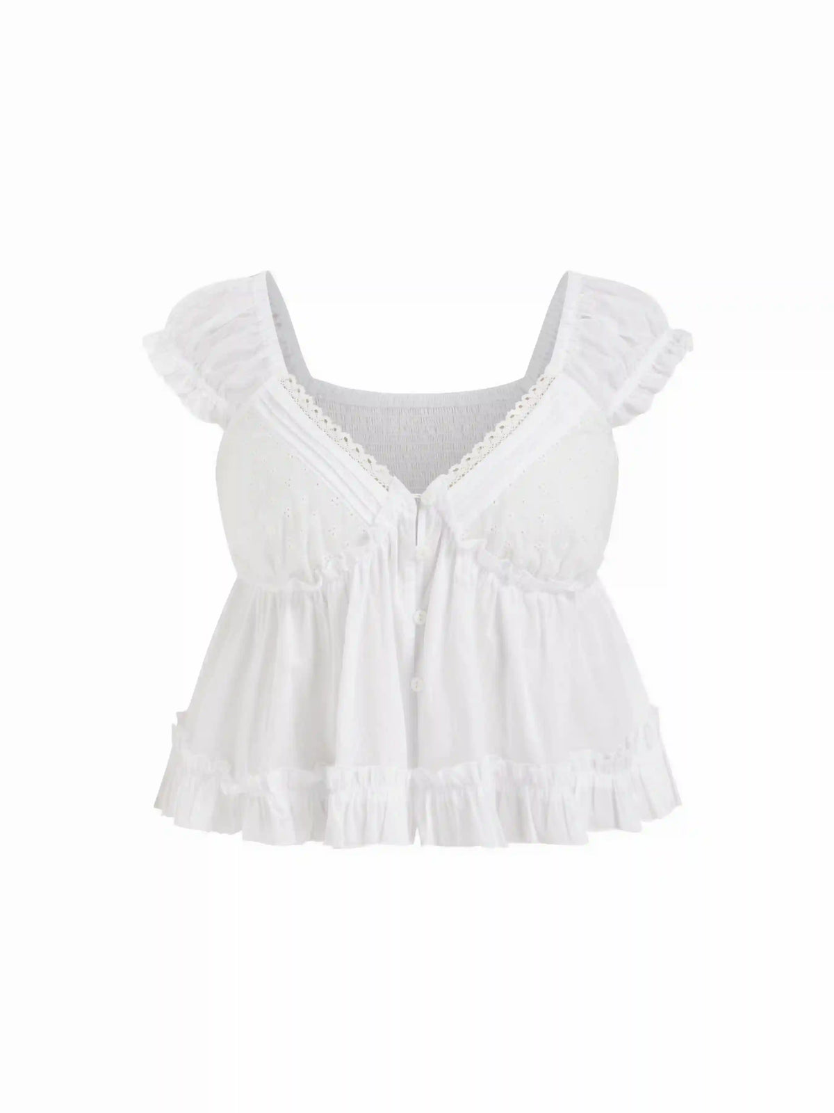 Cotton-blend V-neck Broderie Anglaise Ruffle Hem Blouse