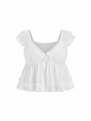 Cotton-blend V-neck Broderie Anglaise Ruffle Hem Blouse