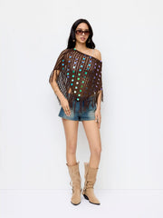 Sequin Asymmetrical Neck Fringe Trim Fringe See-Through Top