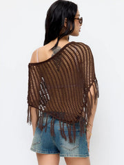 Sequin Asymmetrical Neck Fringe Trim Fringe See-Through Top