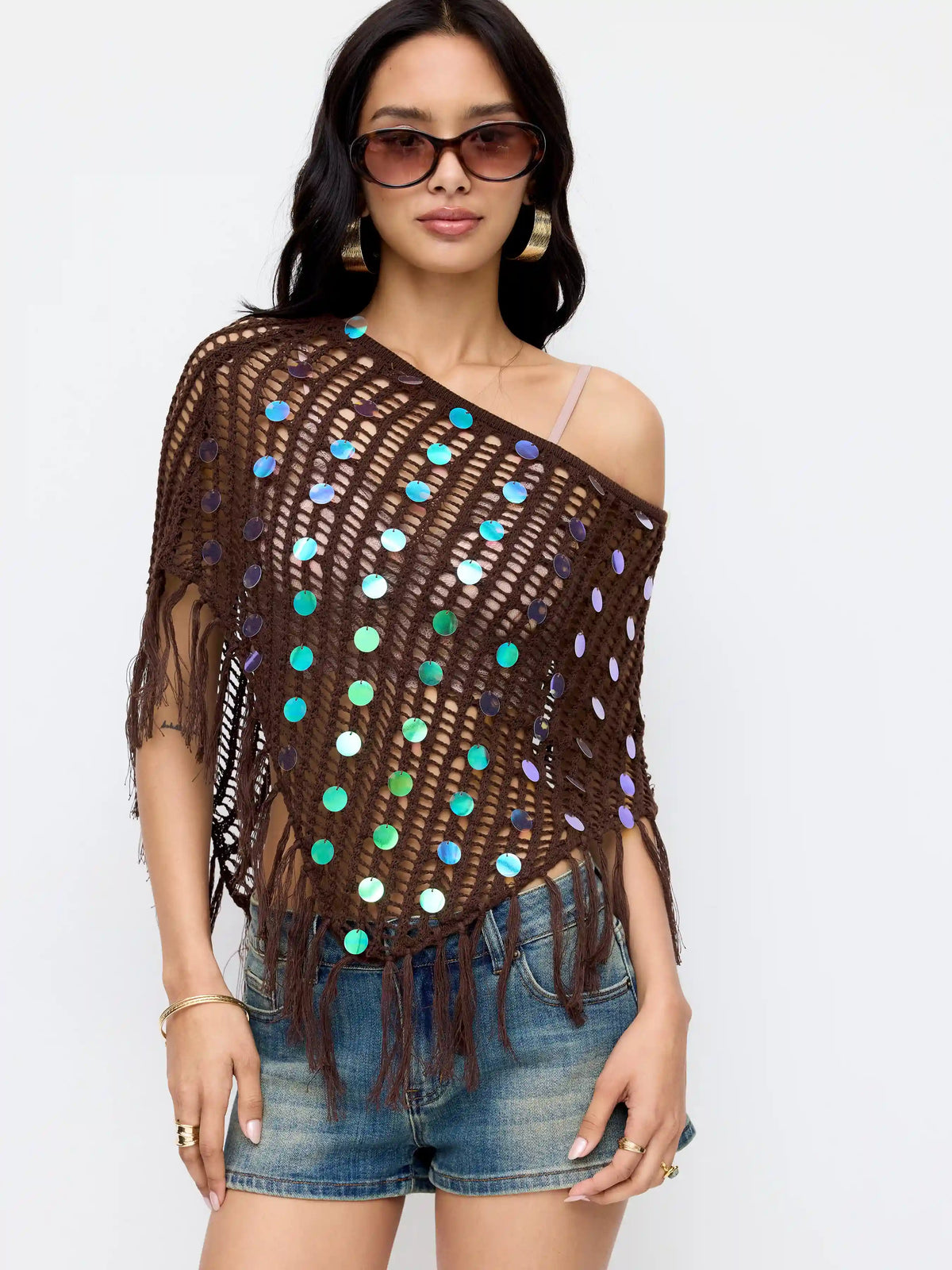 Sequin Asymmetrical Neck Fringe Trim Fringe See-Through Top