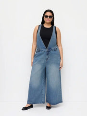Denim Deep V-neck Buckle Wide Leg Overalls Curve & Plus