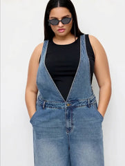 Denim Deep V-neck Buckle Wide Leg Overalls Curve & Plus