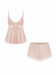 Satin V-neck Lace Trim Cami Top & Mid Rise Lace Hem Shorts Loungewear Set