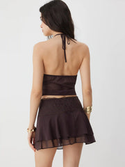 Chiffon Halter Neck Ruched Top & Mid Rise Lace Panel A-line Mini Skirt Set