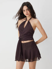 Chiffon Halter Neck Ruched Top & Mid Rise Lace Panel A-line Mini Skirt Set