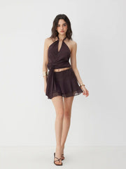 Chiffon Halter Neck Ruched Top & Mid Rise Lace Panel A-line Mini Skirt Set