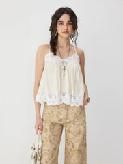 Cotton-blend Lace Trim Ruffle Hem Oversized Cami Top