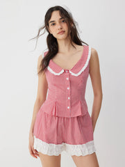 Cotton-blend Gingham Ruched Top & Mid Rise Lace Trim Shorts Set