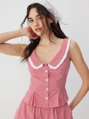 Cotton-blend Gingham Ruched Top & Mid Rise Lace Trim Shorts Set
