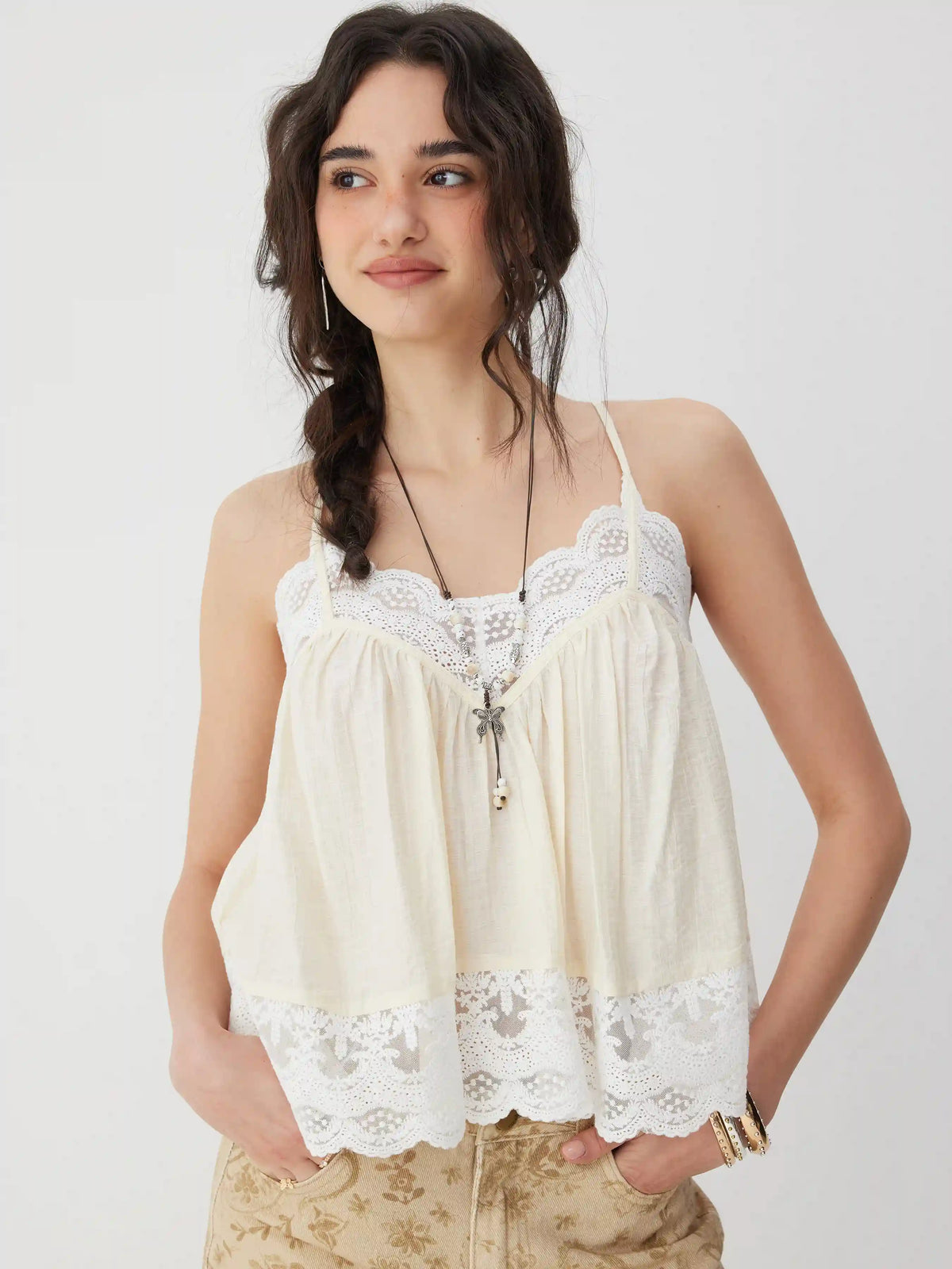 Cotton-blend Lace Trim Ruffle Hem Oversized Cami Top