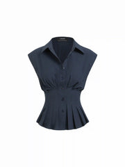 Linen-blend Pleated Button Blouse
